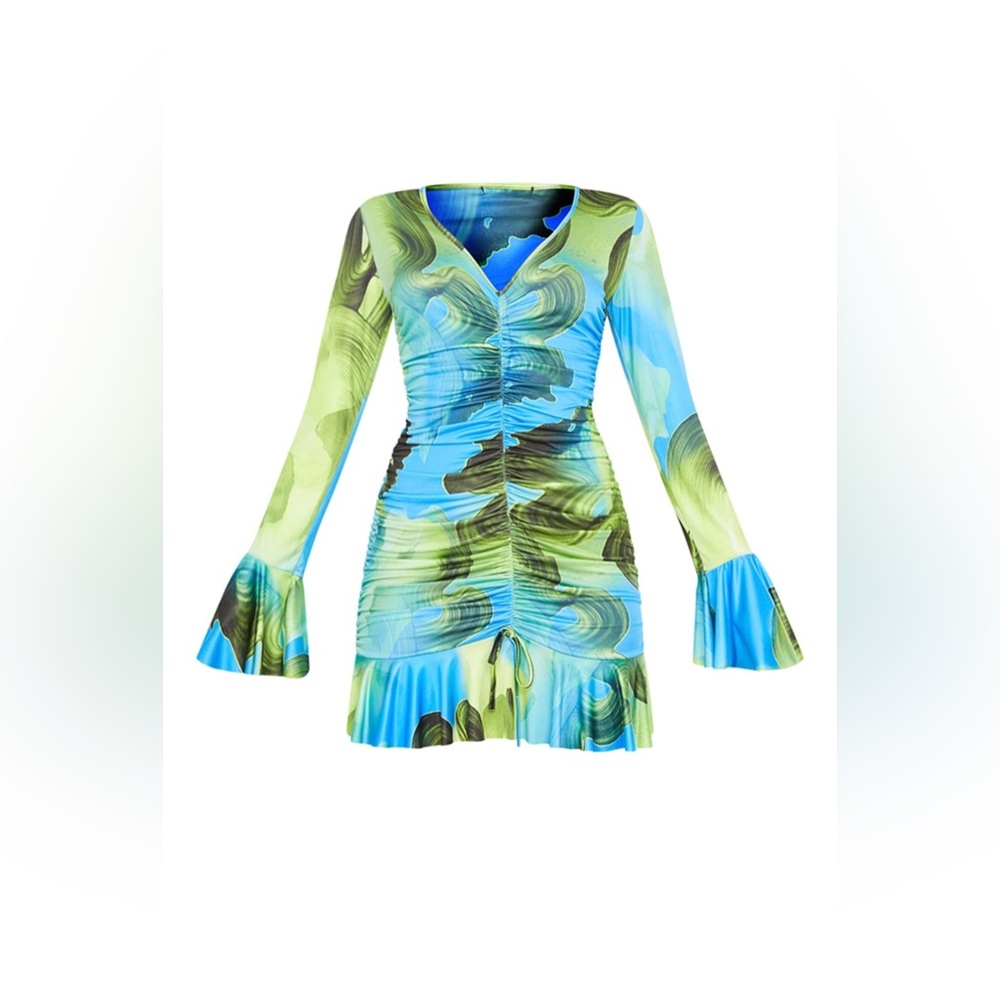 Green Abstract Print Ruched Front Flare Sleeve Slinky
Bodycon Dress